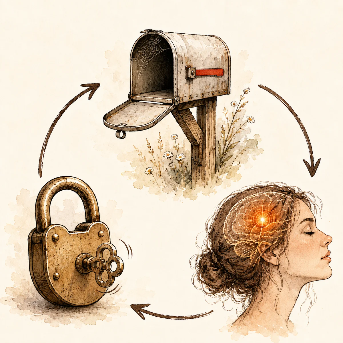 Ink and watercolor illustration of an empty mailbox and a turning lock