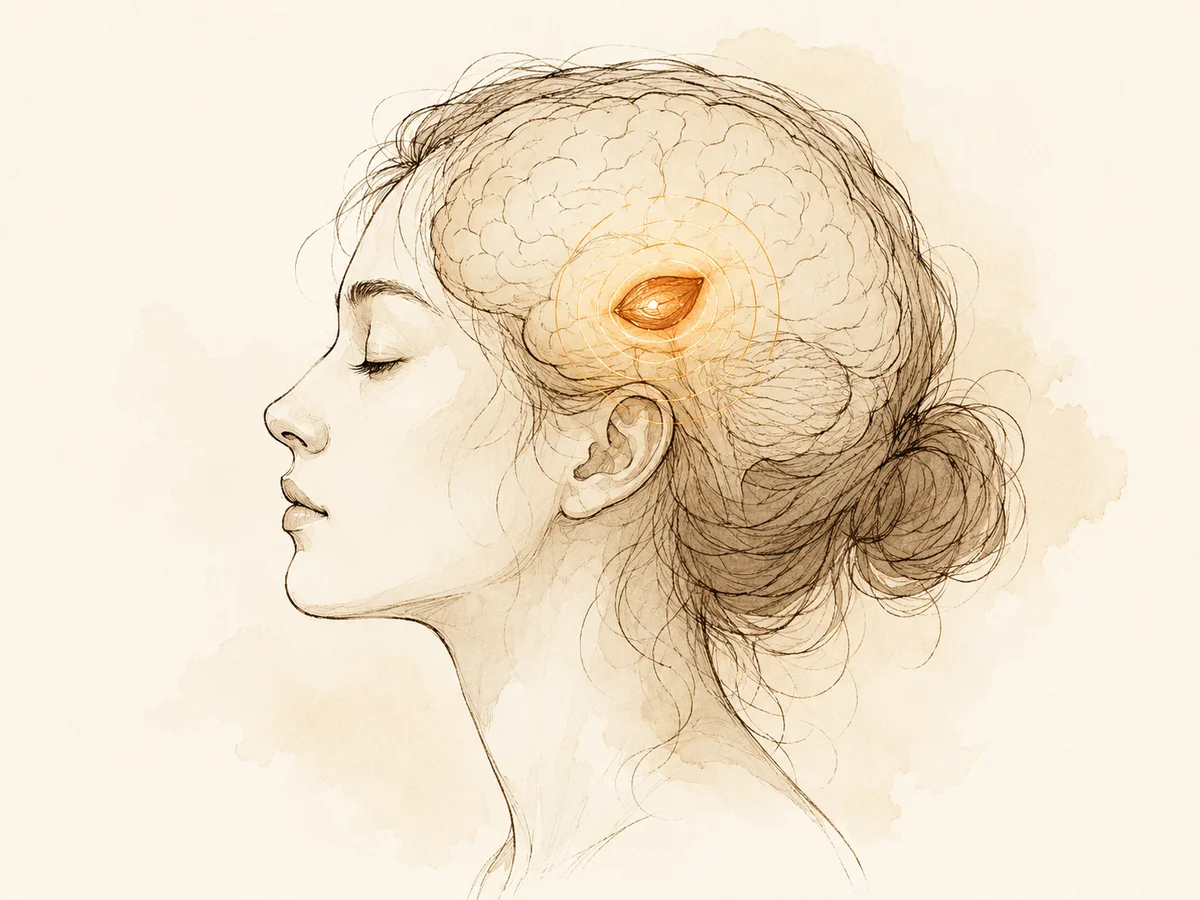Ink and watercolor illustration of the habenula deep in the brain